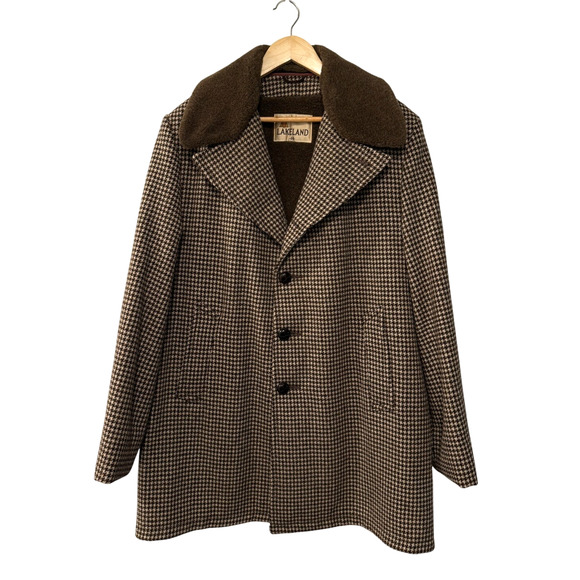 SOLD!  Vintage L Wool $450 Herringbone Shearling Coat Long Jacket Brown 44 - Picture 2 of 15